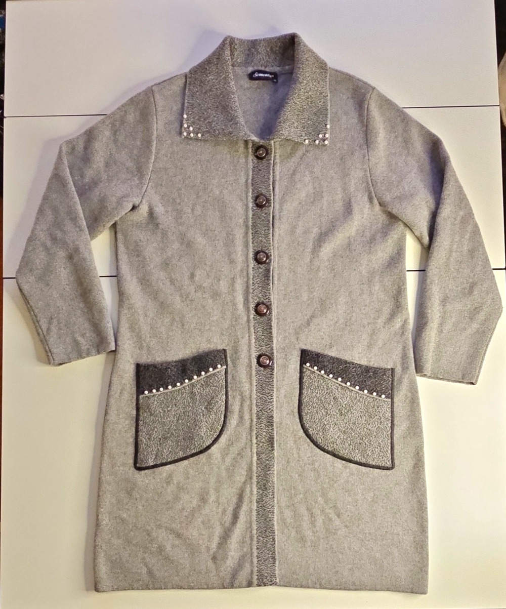 Sementa Collection XL Gray 80% Wool Long Cardigan Coat Pearl Stud Pockets